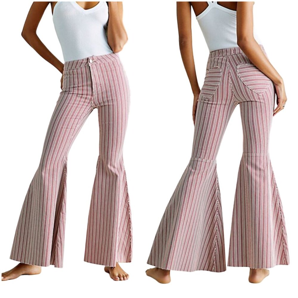 Free People Be Mine Denim Flare Jeans size 27 red white stripe heart We the Free